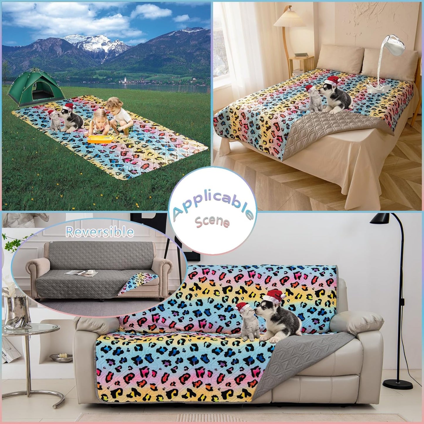 Waterproof Dog Bed Cover 52x82inch Reversible Pad Reusable Camping Mat for Kids/Pet/Dog/Cat Washable Geometric Embroidery Blanket Patchwork Rainbow Leopard Printed+Gray