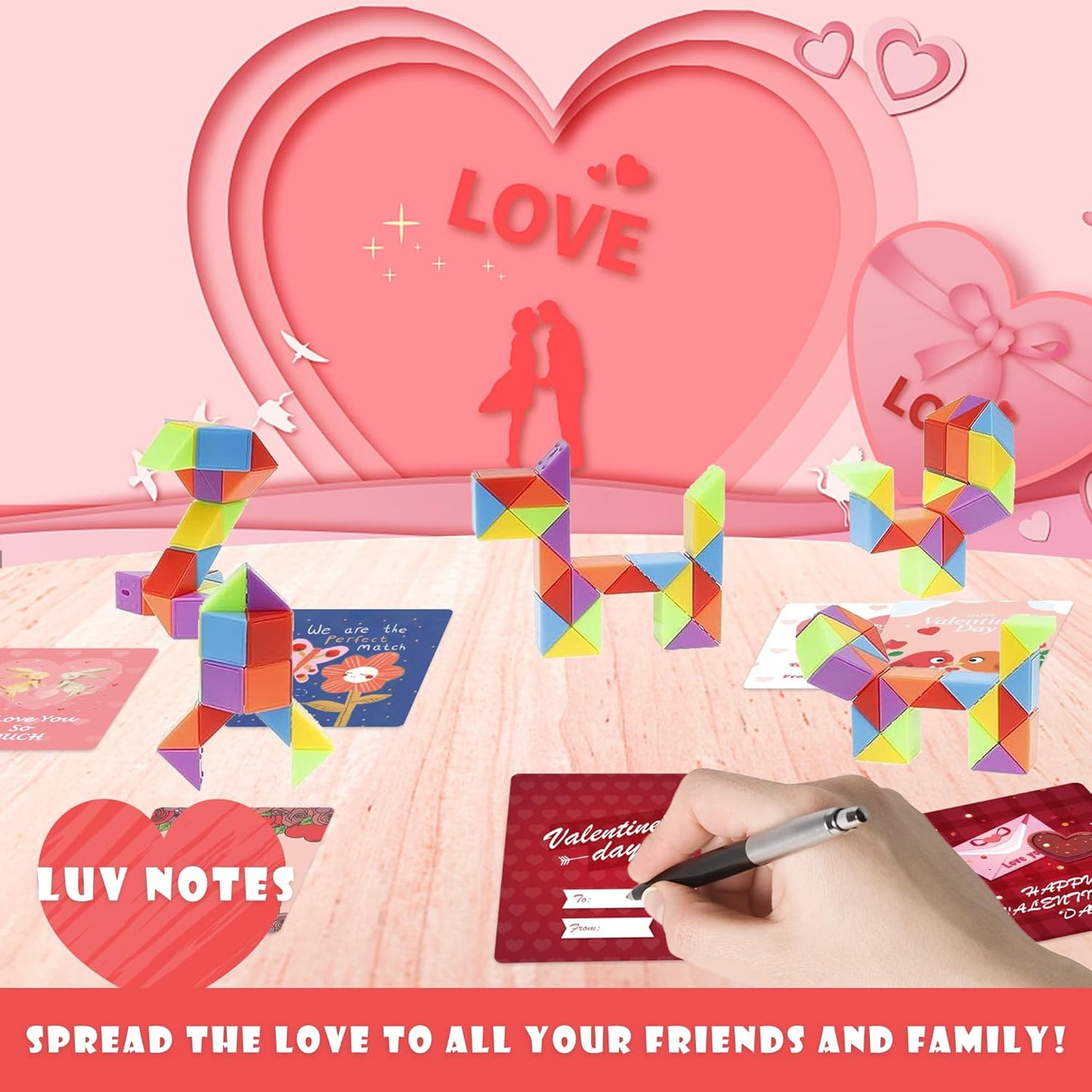 Ganowo 24 Packs Valentine's Day Cards with Rainbow Snake Cube Twist Toys for Kids, Valentines Students Gifts Fidget Toys with Cards for Valentine School Classroom Exchange Party Favor