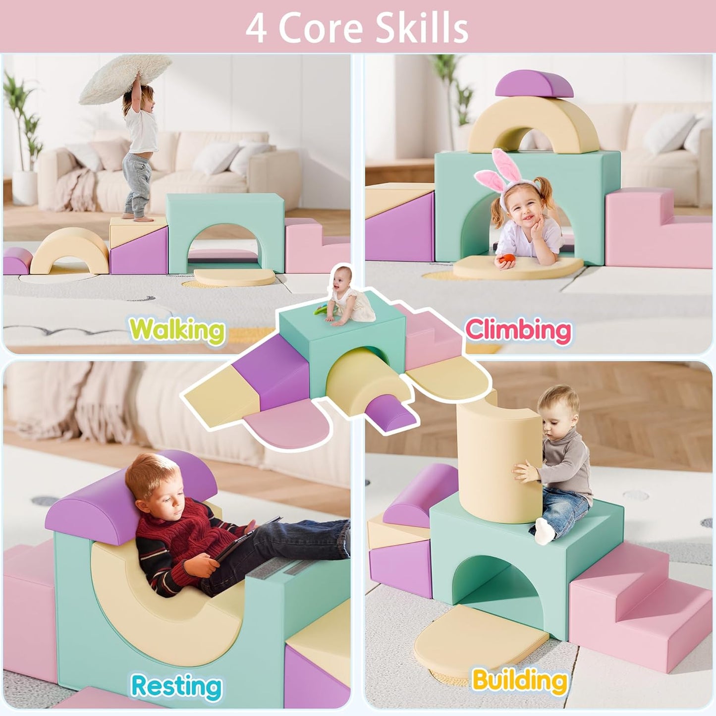 Soft Foam Climbing Blocks Set – Large 5-in-1 Soft Play Toys Crawling & Sliding Climbing Arch for Toddlers, Foam Playset for Nursery,Preschool,Pink