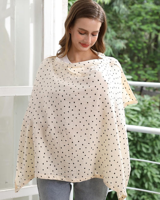 Nursing Cover for Baby Breastfeeding with Rigid Hoop, Breathable Soft 100% Muslin Cotton, Baby Breast Feeding & Pumping Apron (Beige Polka dots)
