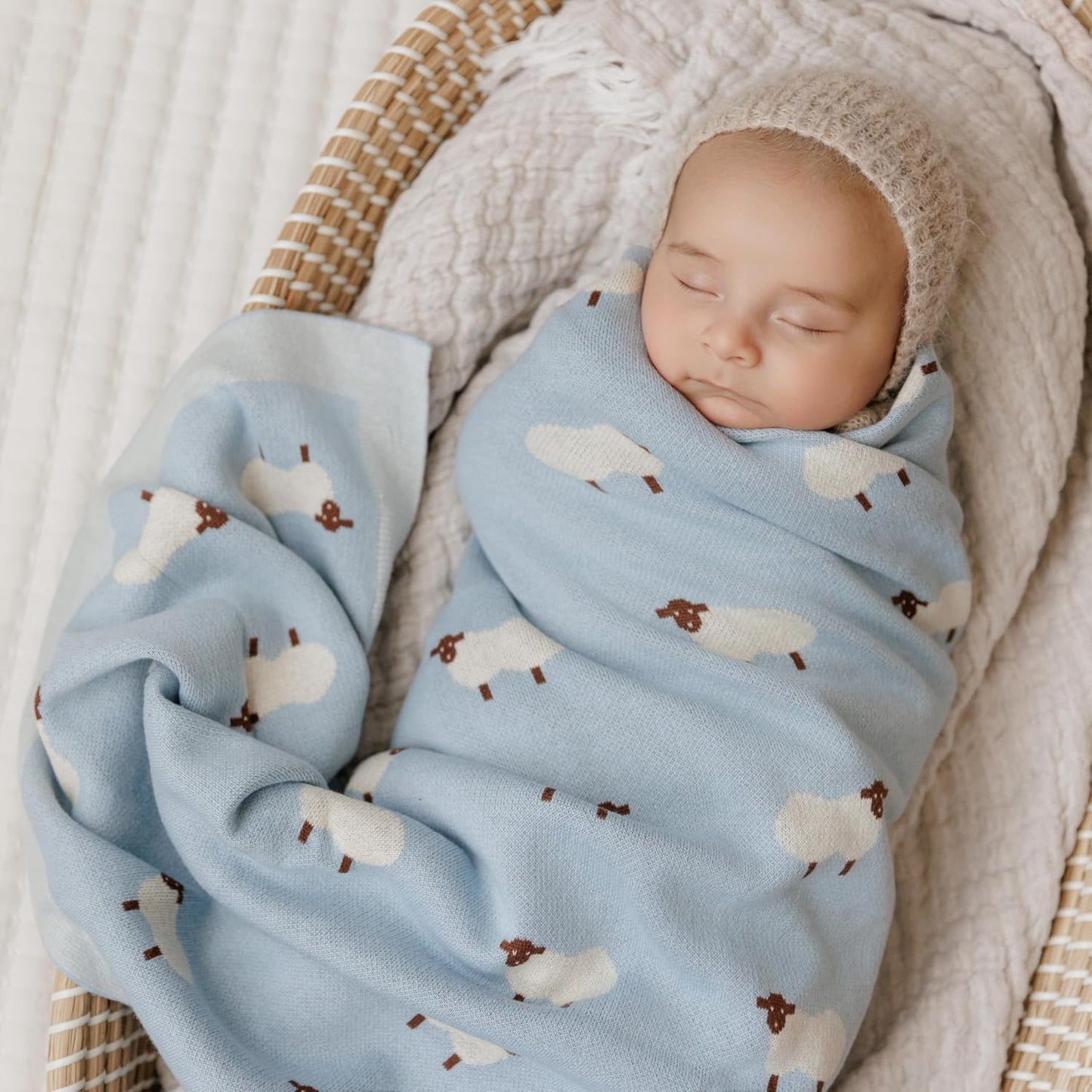Knit Baby Swaddle Blanket for Boys - 100% Cotton Soft Cozy Lightweight Receiving Swaddling Crib Stroller Quilt Blanket for Newborns Infants Toddlers (Sheep - Baby Blue)