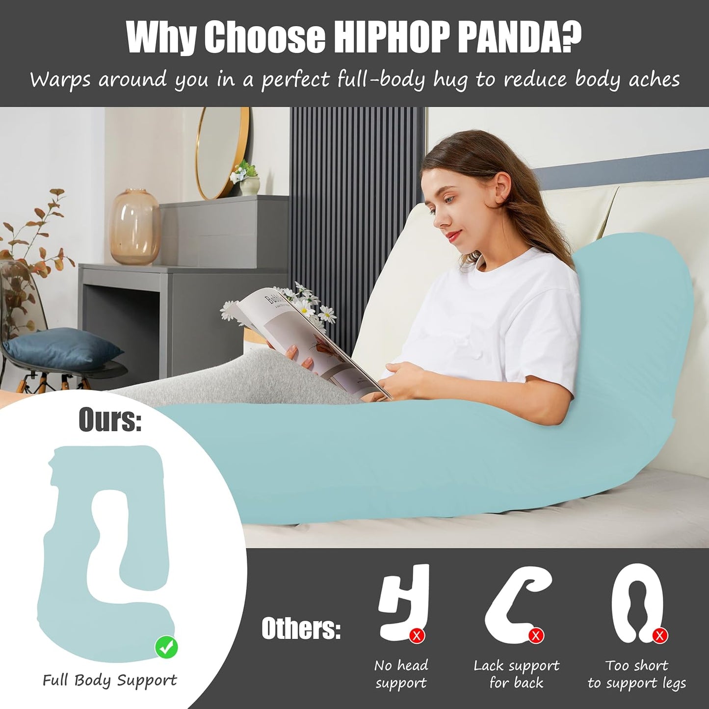 HIPHOP PANDA U-Shaped Pregnancy Pillow for Sleeping - Full Body Maternity Support Pillow with Cooling Removable Cover - Comfort for Back, HIPS, Legs, Belly - 57 Inch for Pregnant Women, Ice Blue