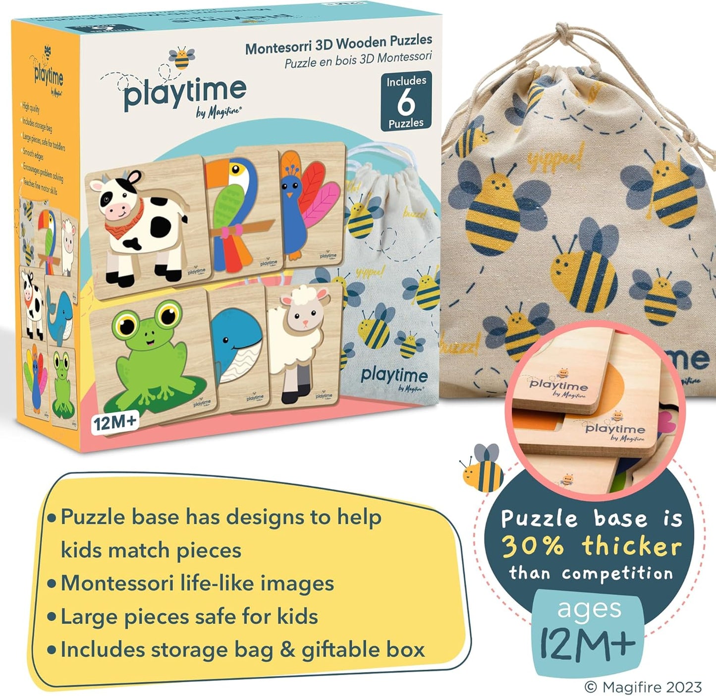 MAGIFIRE Wooden Puzzles for Toddlers 1-3 - 6-Pack Multicolor Cartoon Animal Puzzle Set - Large Easy-Grip Pieces for Small Hands with Storage Bag and Box