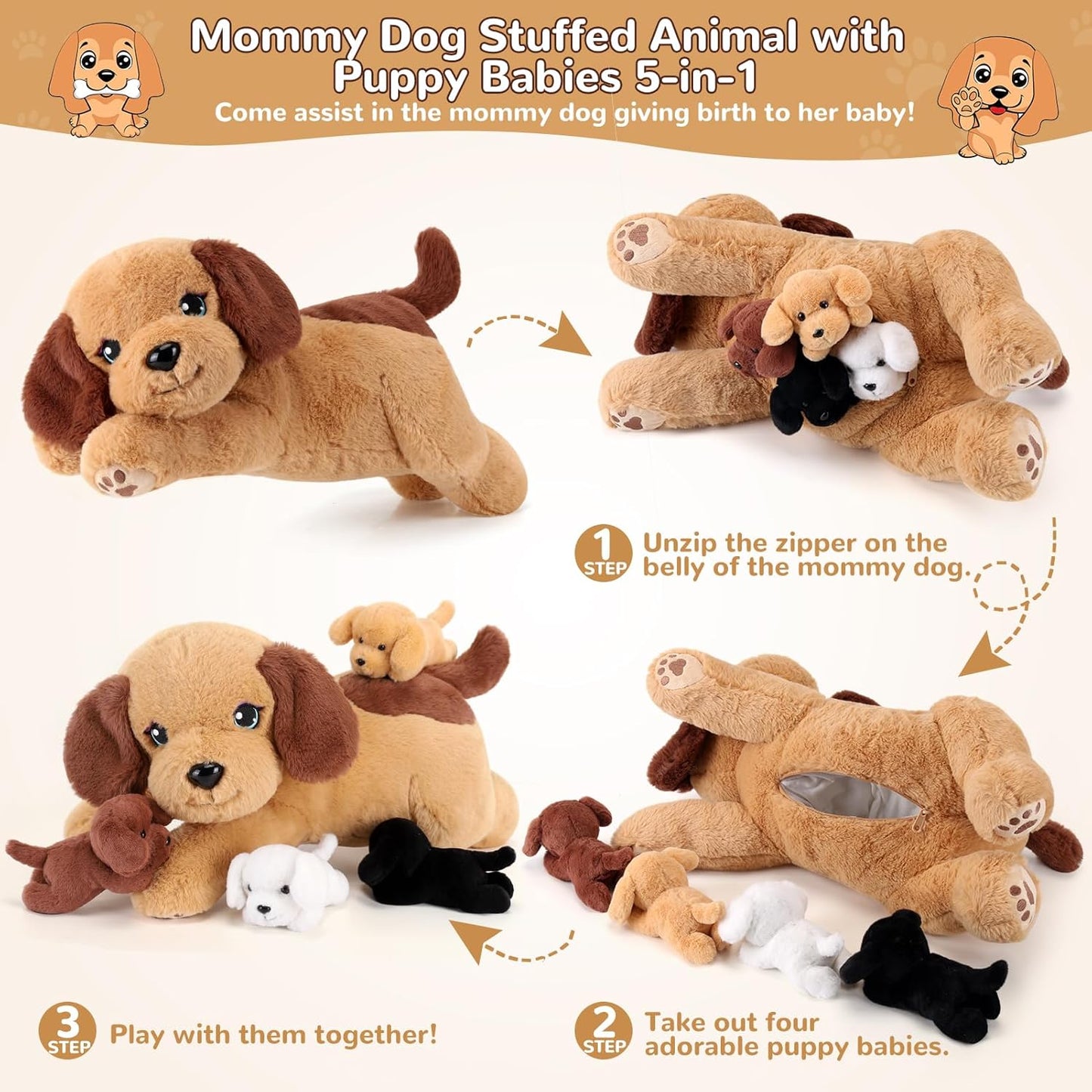 5 Pieces Dog Stuffed Animals with Babies Inside Belly - 1 Mommy Stuffed Dog with 4 Puppy Plush - Stuffed Puppy Plush Toy for Kids Age 3-8, Gifts Ideal for Christmas, Valentine's, Birthday