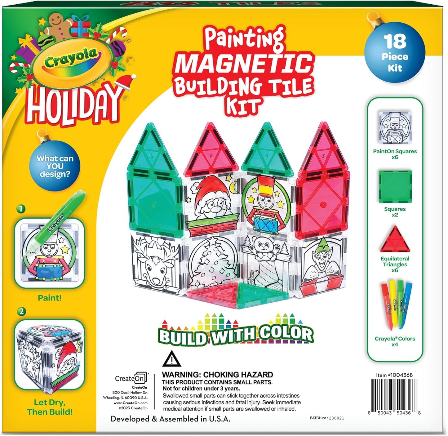 CreateOn Crayola PaintOn Holiday Magnetic Tiles, Magnetic Kids’ Building Toys, STEM Learning Travel Toys for Boys and Girls, 18-Piece Set
