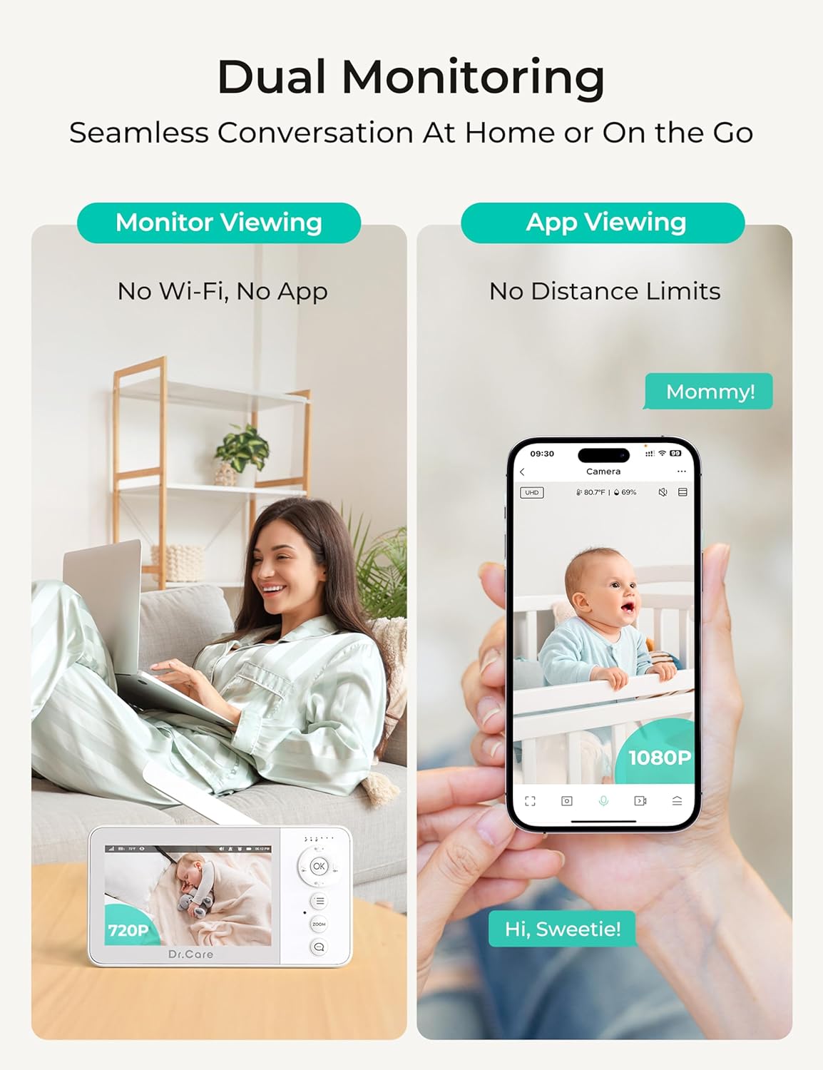 VistaView Lite RB Smart WiFi Baby Monitor with 2 Cameras - 4” 720P Split Screen & 1080P Camera App Control, Motion Alerts, 2500mAh Removable Battery, Night Vision, Multi-User, Triple Security