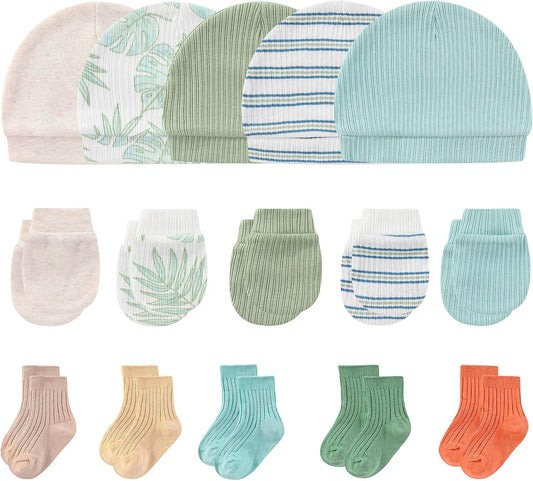Newborn Baby Boy Girl Caps Mittens Socks Set Cotton Baby Essentials Accessories (Hats+Gloves+Socks)
