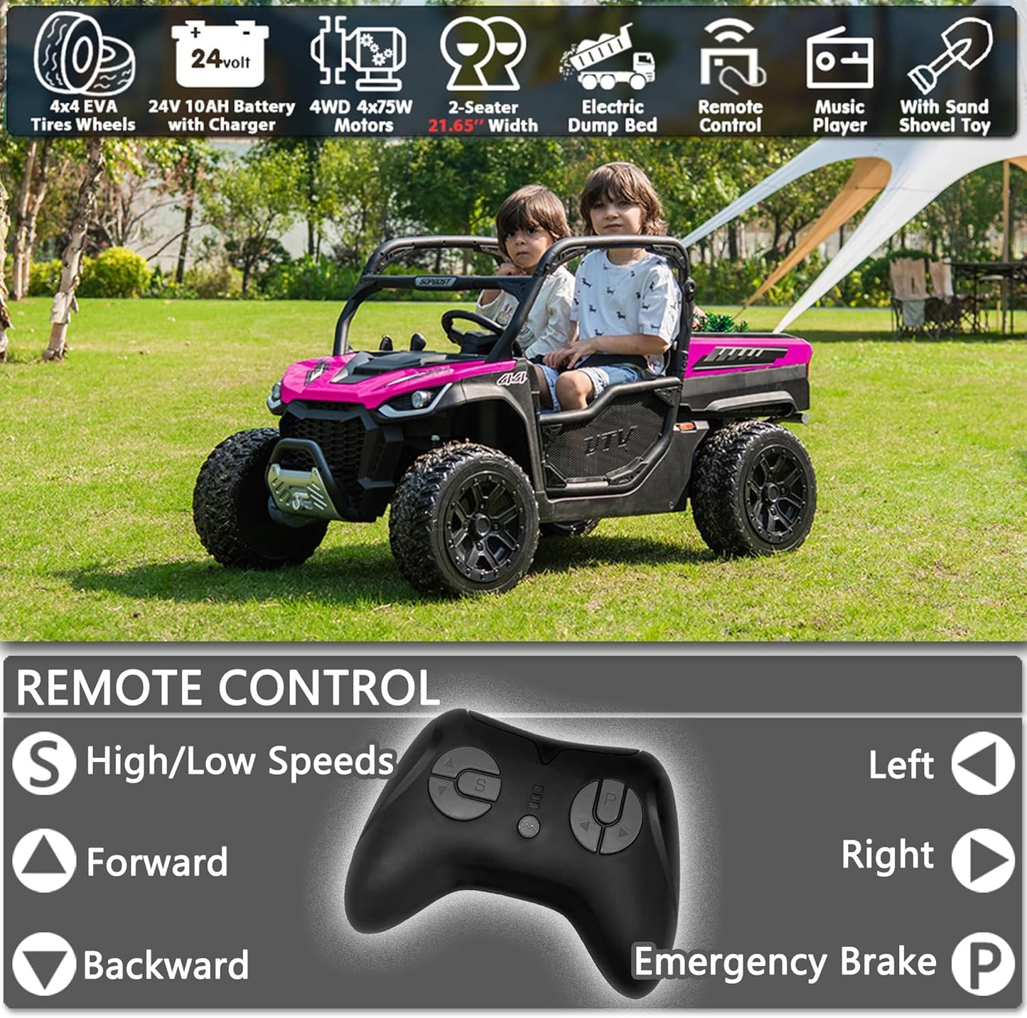 sopbost 24V Ride On Car with Remote Control 10Ah Battery Powered Ride On Toy for Big Kids to Drive 2 Seater UTV with Large Dump Bed, 4x75W Motors, Hot Pink & Black