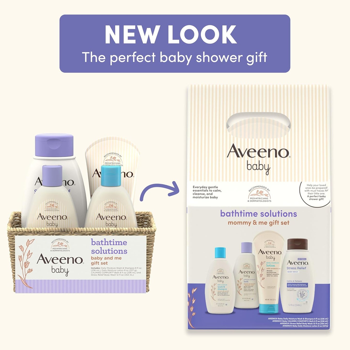 Aveeno Baby Bathtime Solutions Mommy & Me Gift Set, Baby Wash & Shampoo, Calming Bath, Daily Moisturizing Lotion & Stress Relief Body Wash for Mom, Nourishing Oat, Registry Must Haves, 4 items