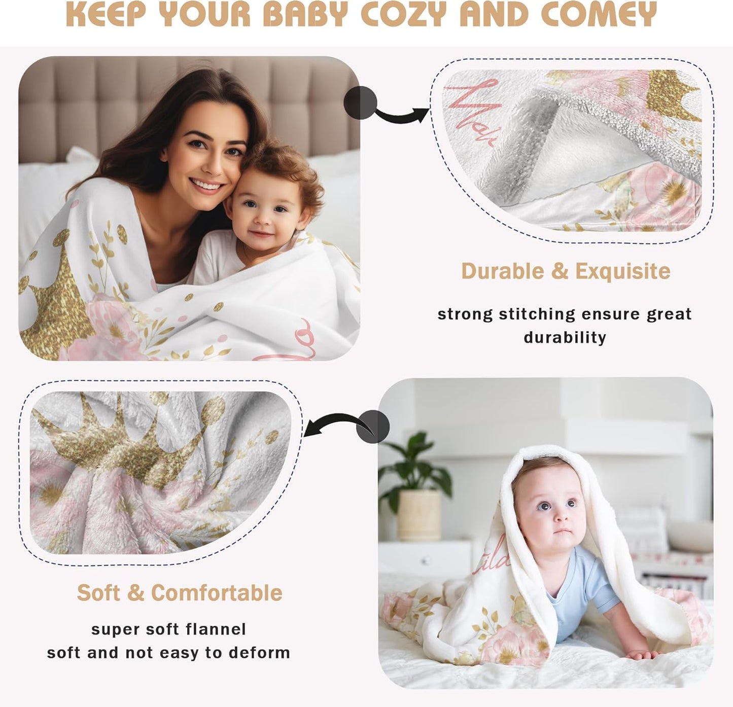 Personalized Crown Blanket for Baby Girl Custom Gifts for Baby Shower Birthday Christmas Customized Name Blanket for New Mom Newborn Gifts