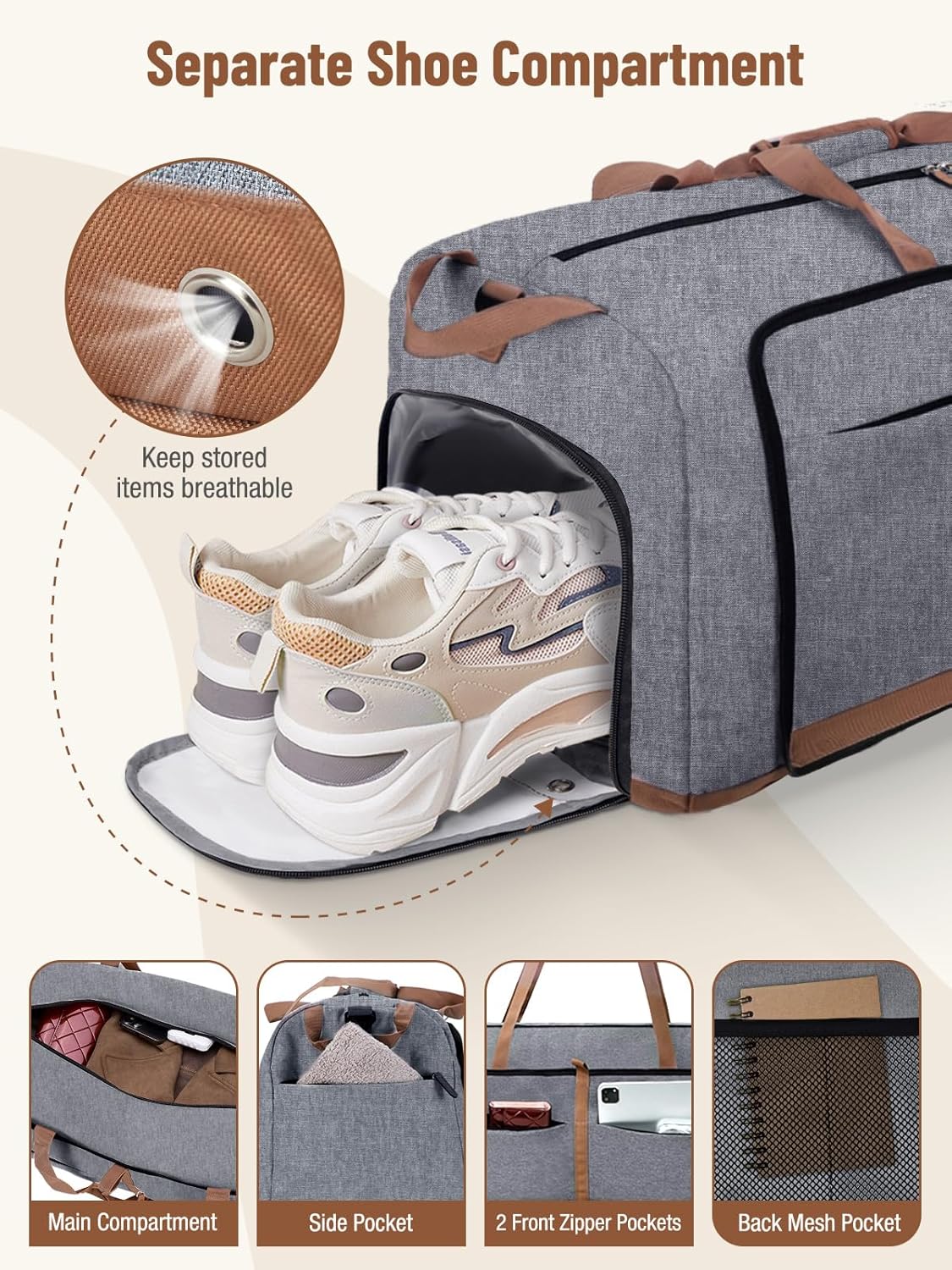 Lekesky Foldable Travel Duffel Bag for Women, 80L Large Duffle Bag with Separate Shoes Compartments & Straps, Carry On Weekend Bag for Women, Hospital, Overnight(Grey)