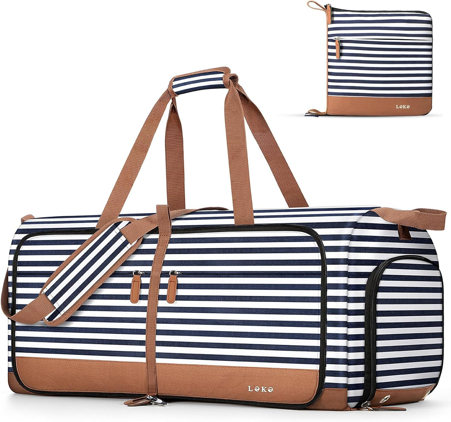 Lekesky Foldable Travel Duffle Bag for Women, 60L Large Duffel Bag with Separate Shoes Compartments & Straps, Carry On Weekend Bag for Women, Hospital, Overnight (Blue Stripes)