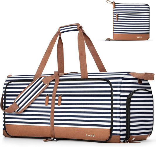 Lekesky Foldable Travel Duffle Bag for Women, 100L Large Duffel Bag with Separate Shoes Compartments & Straps, Carry On Weekend Bag for Women, Hospital, Overnight (Blue Stripes)