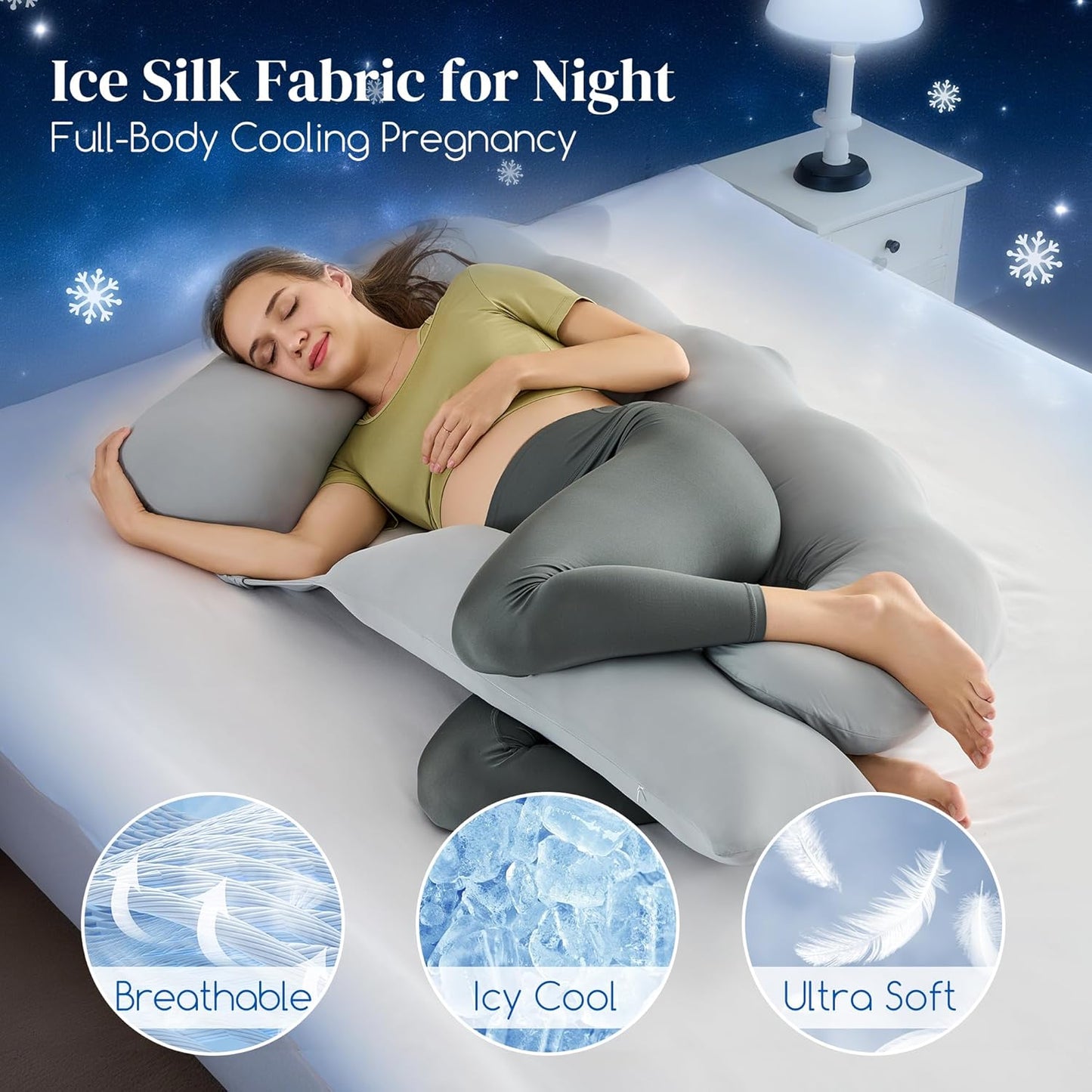Cooling Pregnancy Pillow for Sleeping, U Shaped Full Body Maternity Pillow with Silky Cool Touch Cover – Support for Back, Legs, Belly, HIPS for Pregnant Women, 51 Inch Body Pillow, Grey