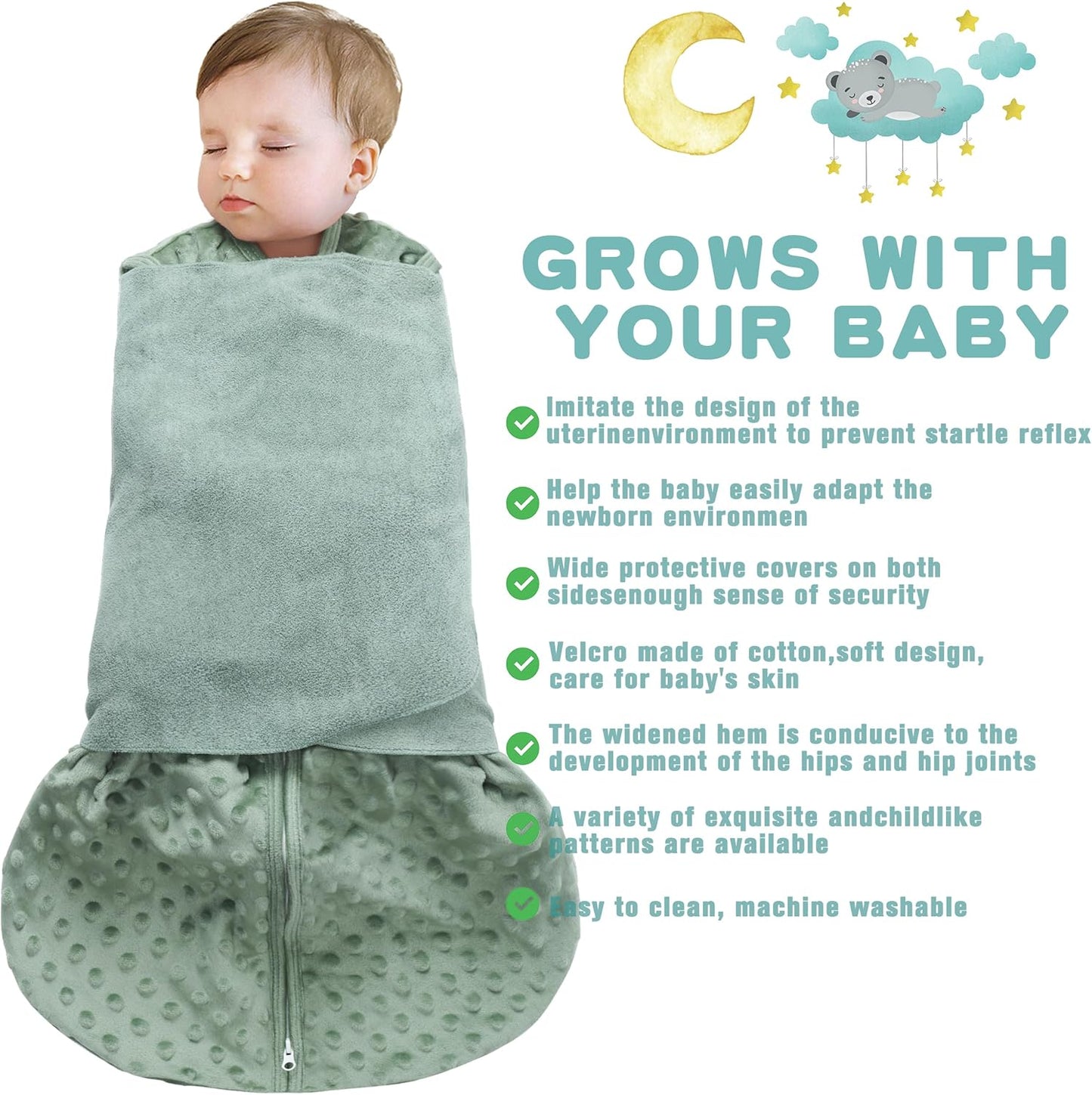 Fleece Newborn Sleep Sack Baby Swaddle,3-Way Adjustable Wearable Blanket,2 Pack Fleece Swaddling Sleeping Bag TOG 2.0， (Blue&Green, 0-3 Months)