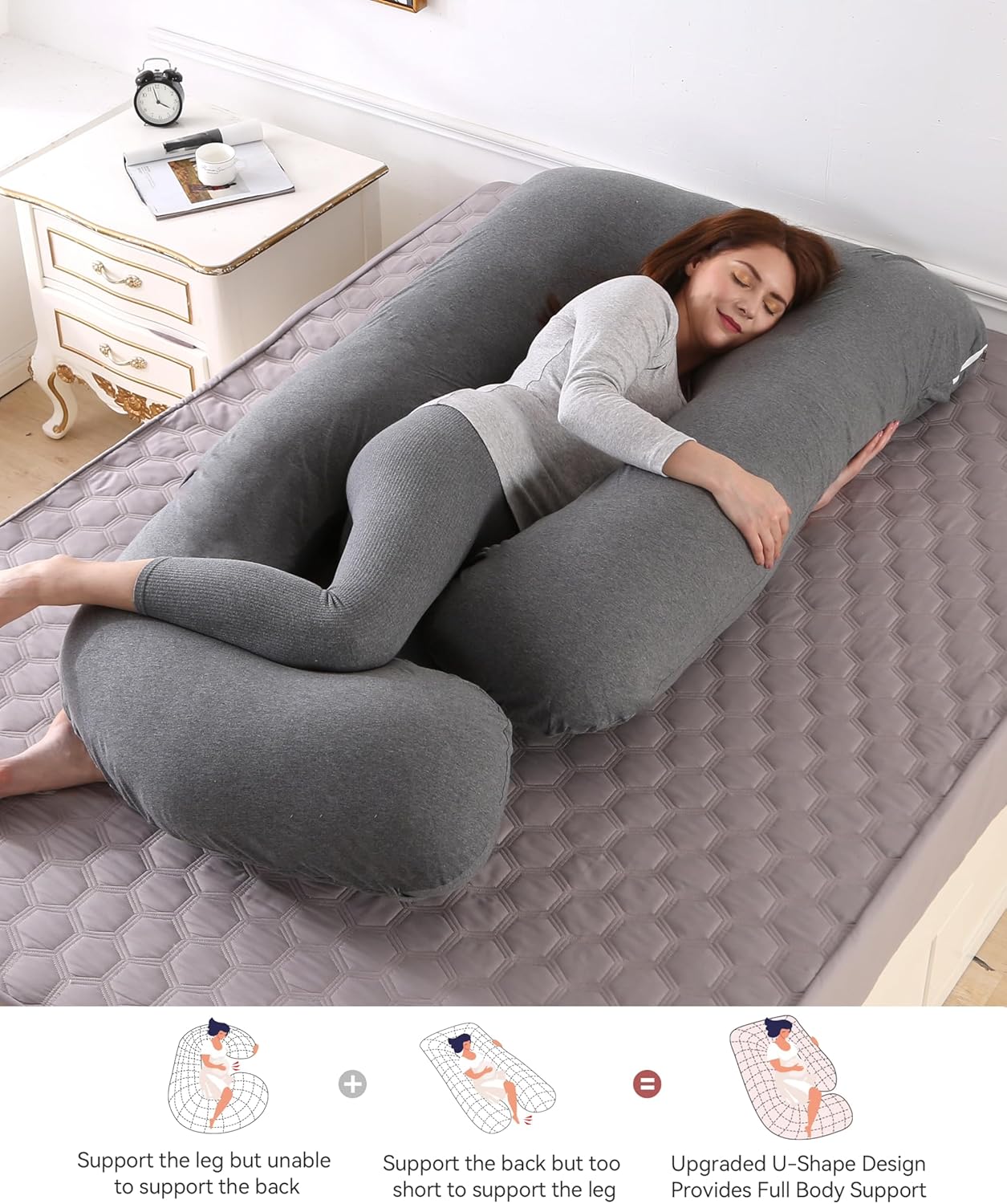 BATTOP Pregnancy Pillow for Sleeping, Full Body Pillow for Pregnancy Women with Removable Cover, 57 Inch Maternity Pillow, Support for Back, Legs, Belly, HIPS（Black Drey）