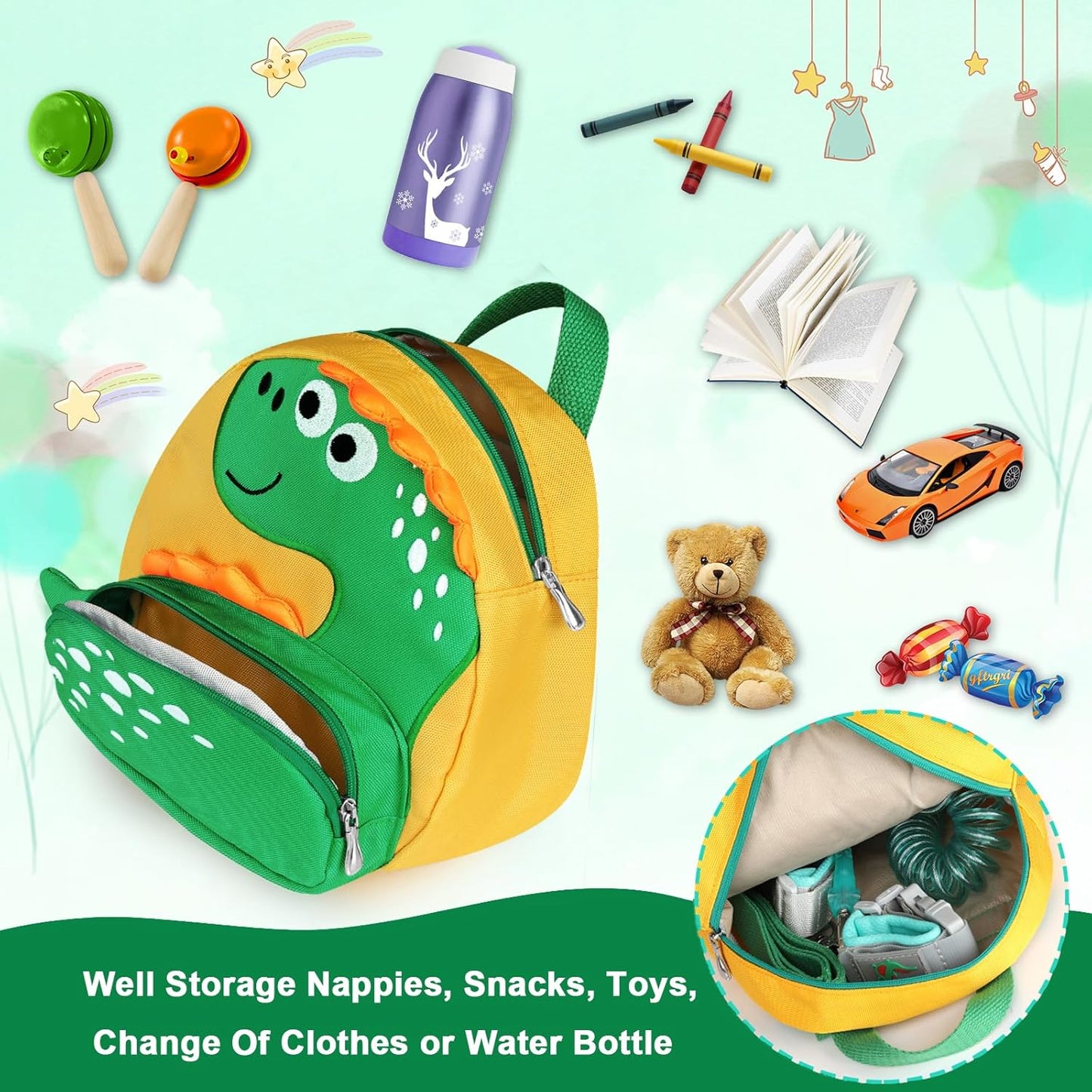 Accmor Toddler Harness Backpack with Leash, Cute Kid Dinosaur Backpacks with Anti Lost Wrist Link, 4 in 1 Mini Child Harness Leash Walking Wristband Rope Baby Protection Belt for Boys Girls (Yellow)