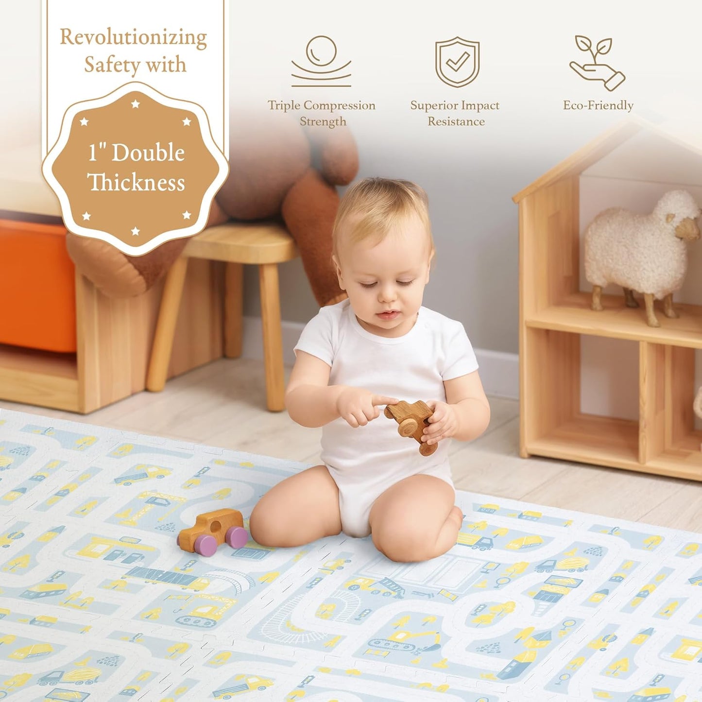 Premium Baby Foam Play Mats -Stylish Floor & Exercise Puzzle Mat for Toddlers & Kids- 6 Soft, Non-Toxic, Odorless, Peel-Resistant Foam Tiles - 6ft x 4ft -1" inch Extra-Thick, Warm Beige