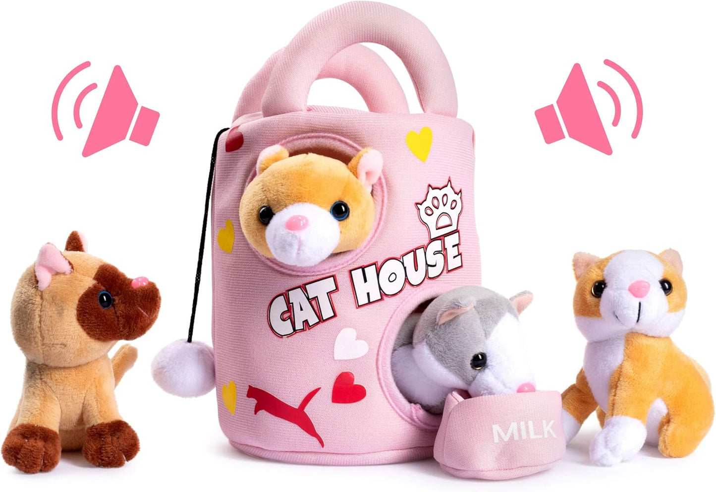 Plush Creations Talking Plush Cat House for Kids Includes Plush Cat House Carrier with 4 Soft Stuffed Talking & Meowing Kittens & A Cat Plush Milk Bowl Best Interactive Toy for Babies Or Toddlers