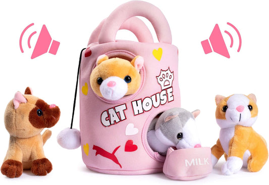 Plush Creations Talking Plush Cat House for Kids Includes Plush Cat House Carrier with 4 Soft Stuffed Talking & Meowing Kittens & A Cat Plush Milk Bowl Best Interactive Toy for Babies Or Toddlers