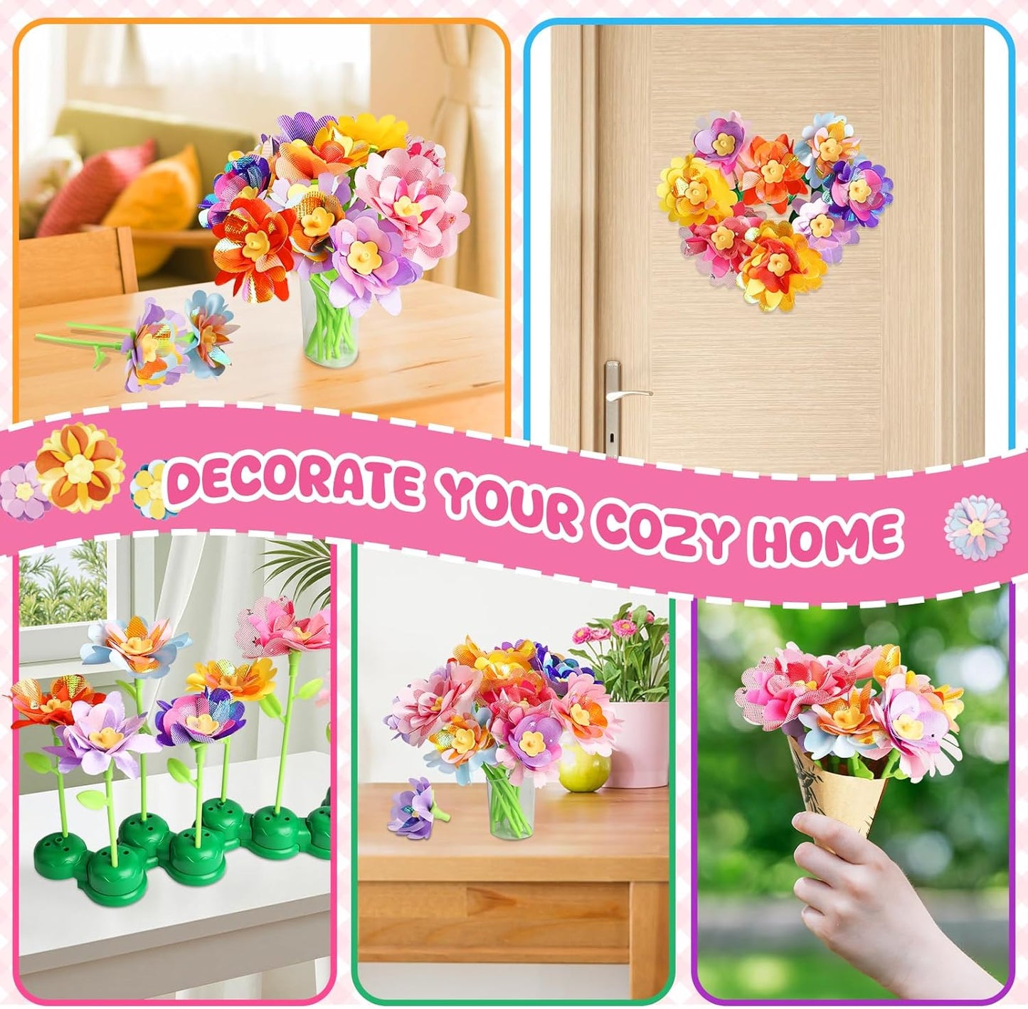 Einailvk Fabric Flower Bouquets Toys, DIY Flower Making Kit for Kids 3 4 5 6 7 8 9 10 11 12 Year Old Girl Birthday Christmas Gift, Art and Crafts Kit Toys for Girls 3-12 Year Old (Pink)