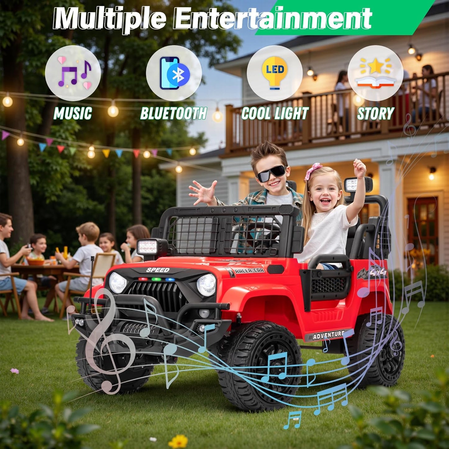 2 Seater Ride On Car Truck with Remote Control XL, Kids 24V Battery Powered Electric Vihicle w/21 in Seat, 3 Speeds, 2WD/4WD Switichable, Shock Absorbers,Bluetooth, Flower, Gift Choice