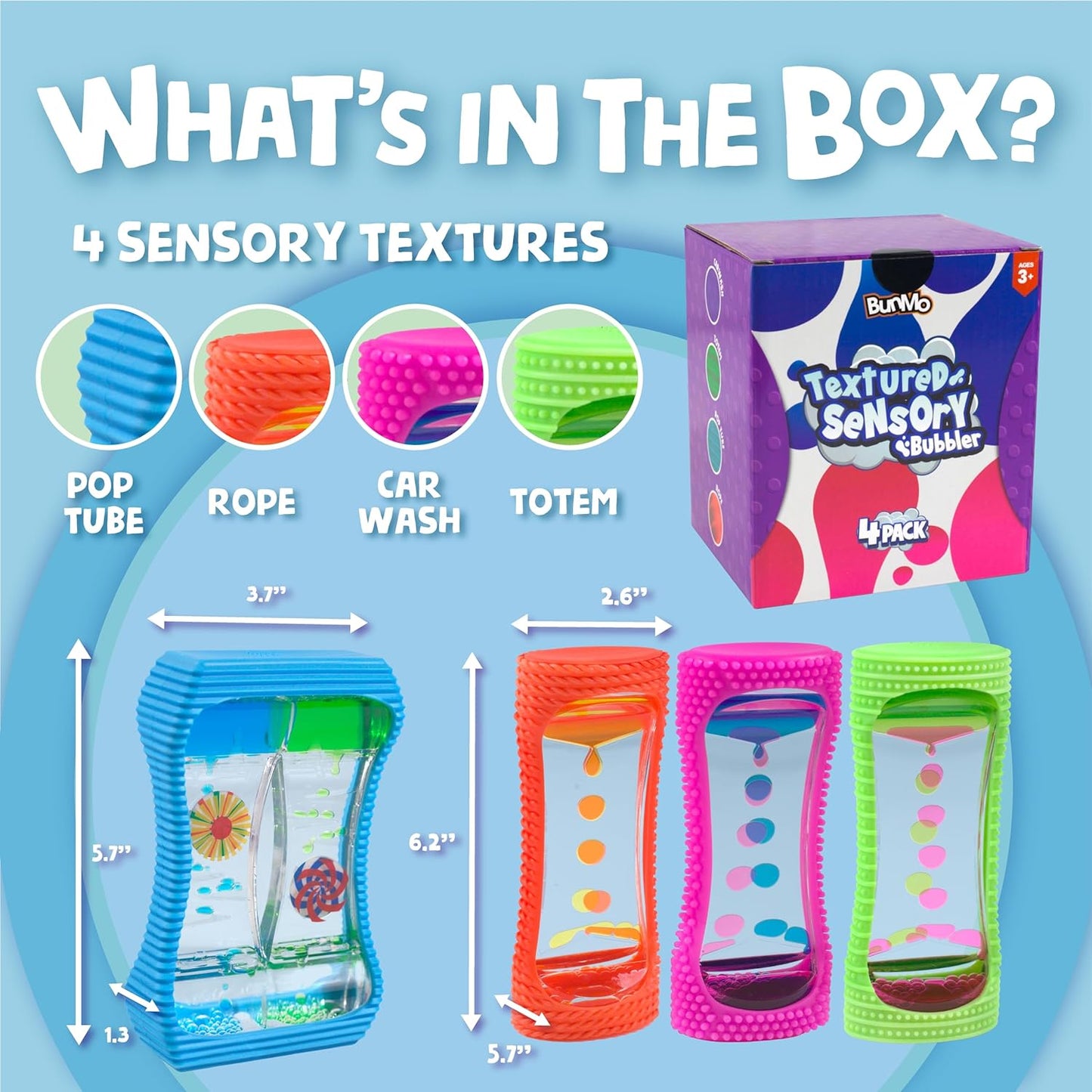BUNMO Liquid Motion Bubbler with Sensory Texture - Liquid Timer - Bubble Timer - Liquid Motion Sensory Toys for Autism, Calming & Sensory Exploration - Kid Sensory Bottles Tubes - Large 4 Pack