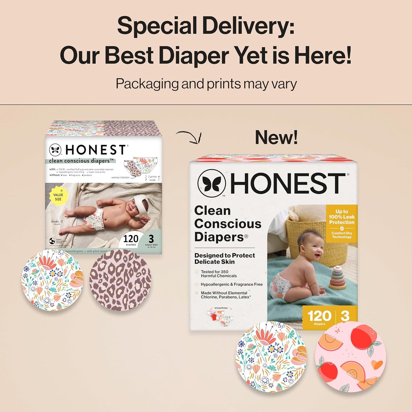 The Honest Company Clean Conscious Diapers for Delicate Skin | Up to 100% Leakproof | Hypoallergenic, Fragrance Free | Girl Prints | Super Club Box, Size 3 (16-28 lbs), 120 Count (Prints May Vary)