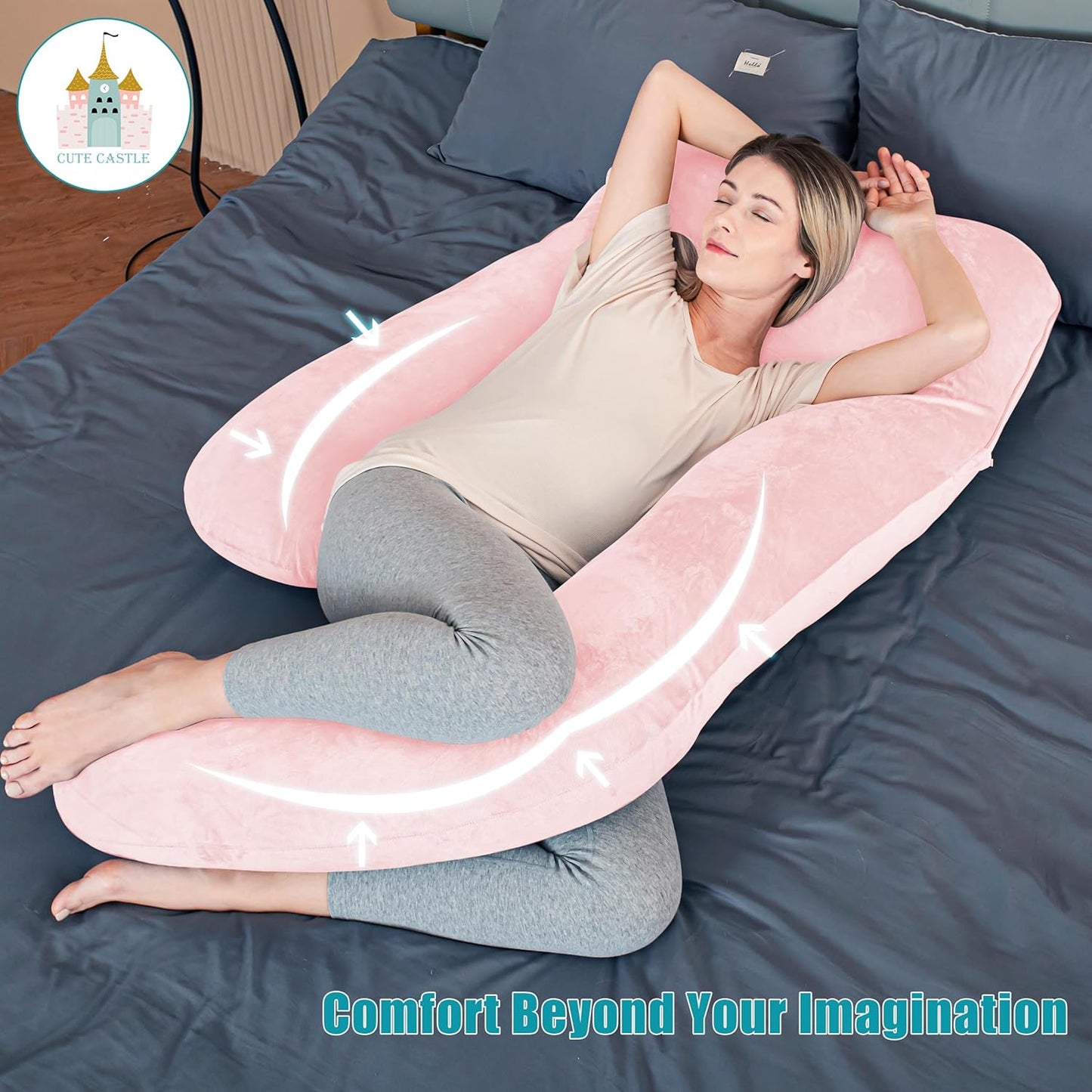 Cute Castle Pregnancy Pillows, Soft U-Shape Maternity Pillow with Removable Cover - Full Body Pillows for Adults Sleeping - Pregnancy Must Haves - Jumbo 57 Inch - Pink