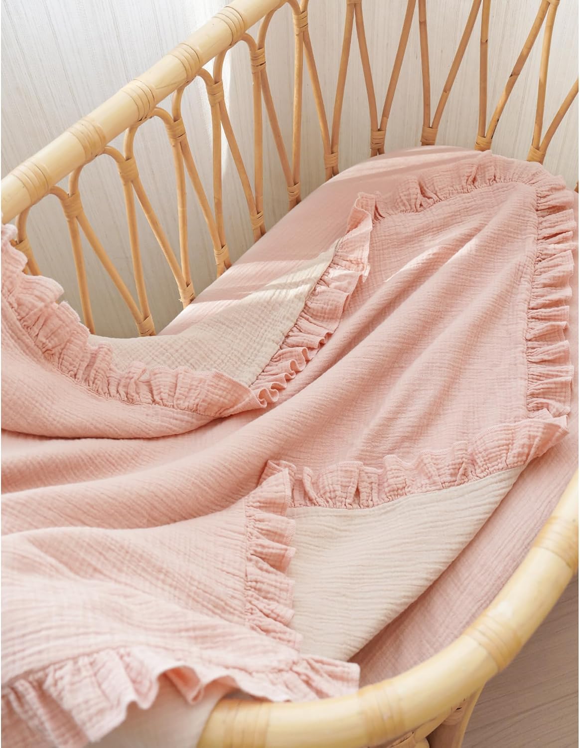 Konssy Flounce Muslin Baby Blankets, Cotton Crib Blanket for Baby Infant Toddler, Super Soft and Lightweight Nursery Blankets 40"x36" (Pink)