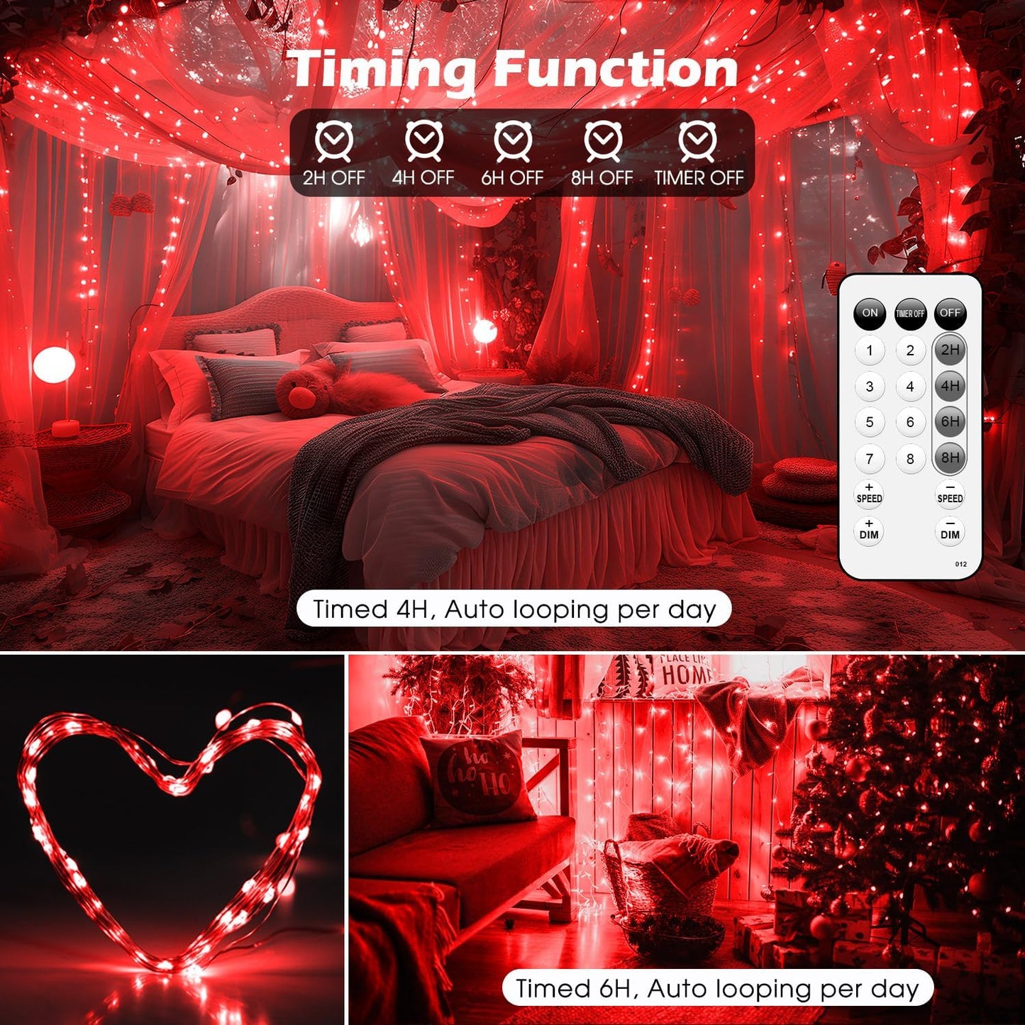 Fairy Lights 72ft 220 LED USB Twinkle String Lights Plug in Silver Wire Lights with Remote and Timer 8 Modes Outdoor Waterproof Starry Lights DIY Party Wedding Christmas Decoration（Red）