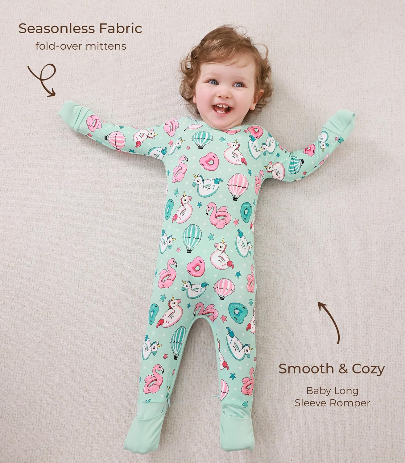 Baby Boys Girls Romper Long Sleeve Jumpsuits Infant Unisex One-Piece Bamboo Viscose Zipper Mitten Rompers