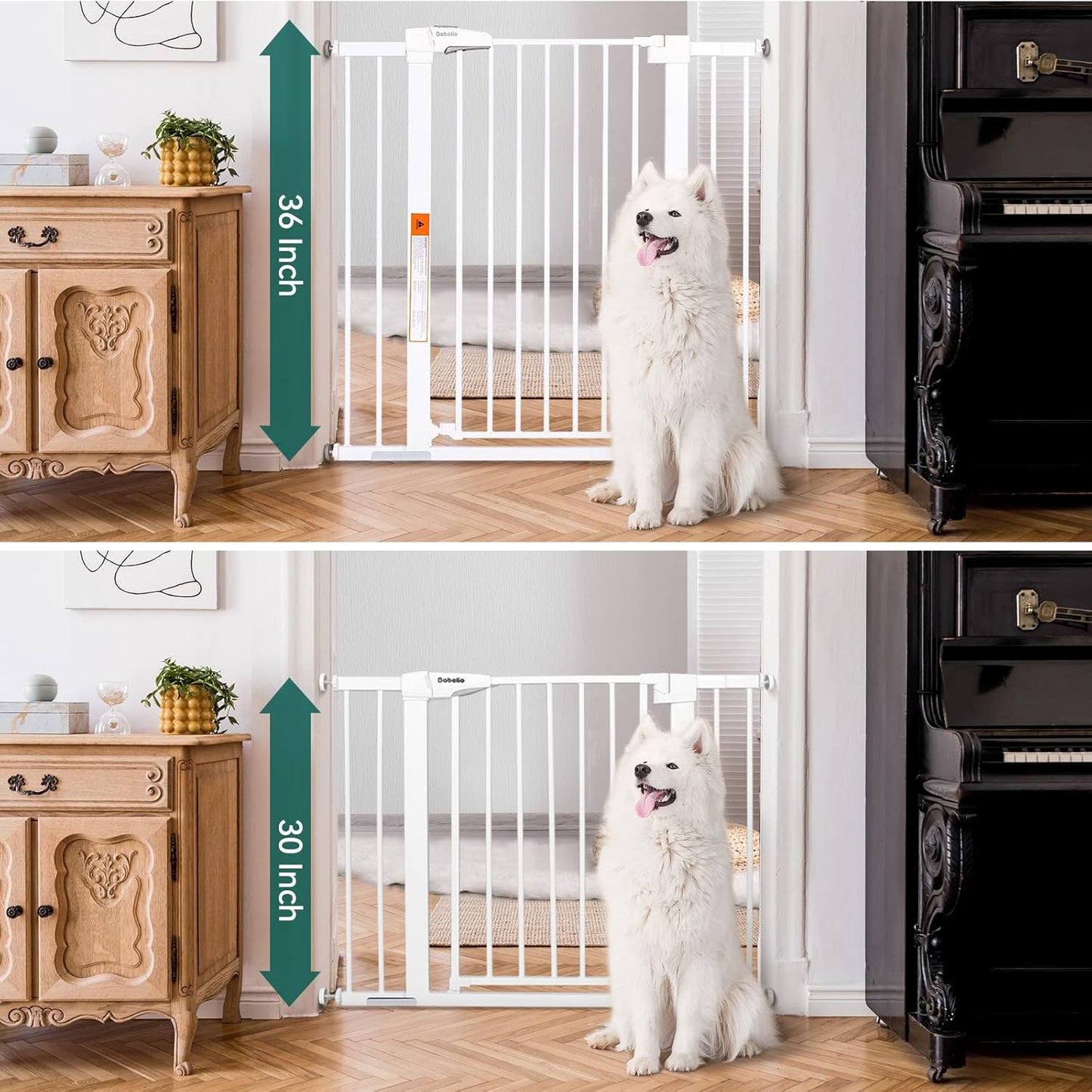 BABELIO 36" Extra Tall Dog Gate, 26-40" Wide Auto Close Baby Gate, Pressure Mounted Metal Pet, Easy Install No Drilling, No Tools Required, With Wall Protectors and Extension Kits, White