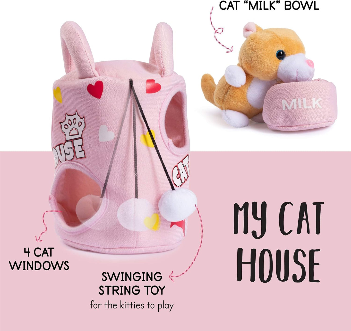 Plush Creations Talking Plush Cat House for Kids Includes Plush Cat House Carrier with 4 Soft Stuffed Talking & Meowing Kittens & A Cat Plush Milk Bowl Best Interactive Toy for Babies Or Toddlers