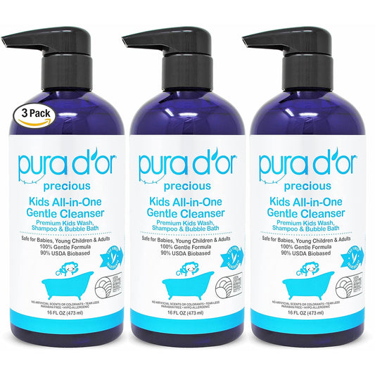 PURA D'OR Kids Wash (16oz x 3 = 48oz) All-in-One Gentle Cleanser - USDA Biobased, Sulfate-Free, Tear-Less, Hypoallergenic, Premium, Shampoo & Bubble Bath