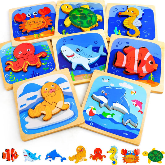 TOY Life Wooden Puzzles for Toddlers 2-4, Sea Animals Puzzles for Toddlers 1-3, Wood Puzzles Educational Montessori Toys Gifts for 1 2 3 Year Old, Baby Kids Learning Toy