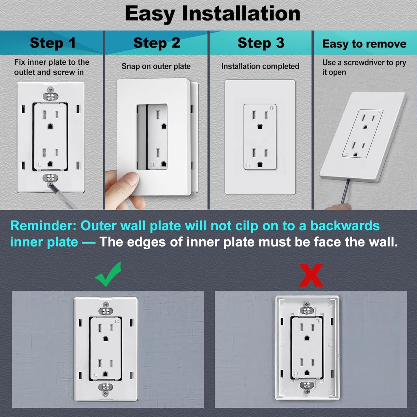 CML Screwless Wall Plates, 120 Pack Decorator Light Switch Covers, 1-Gang Decor Outlet Switch Plate, Standard Size 2.91”x4.68”, Impact Resistant, UL Listed, White