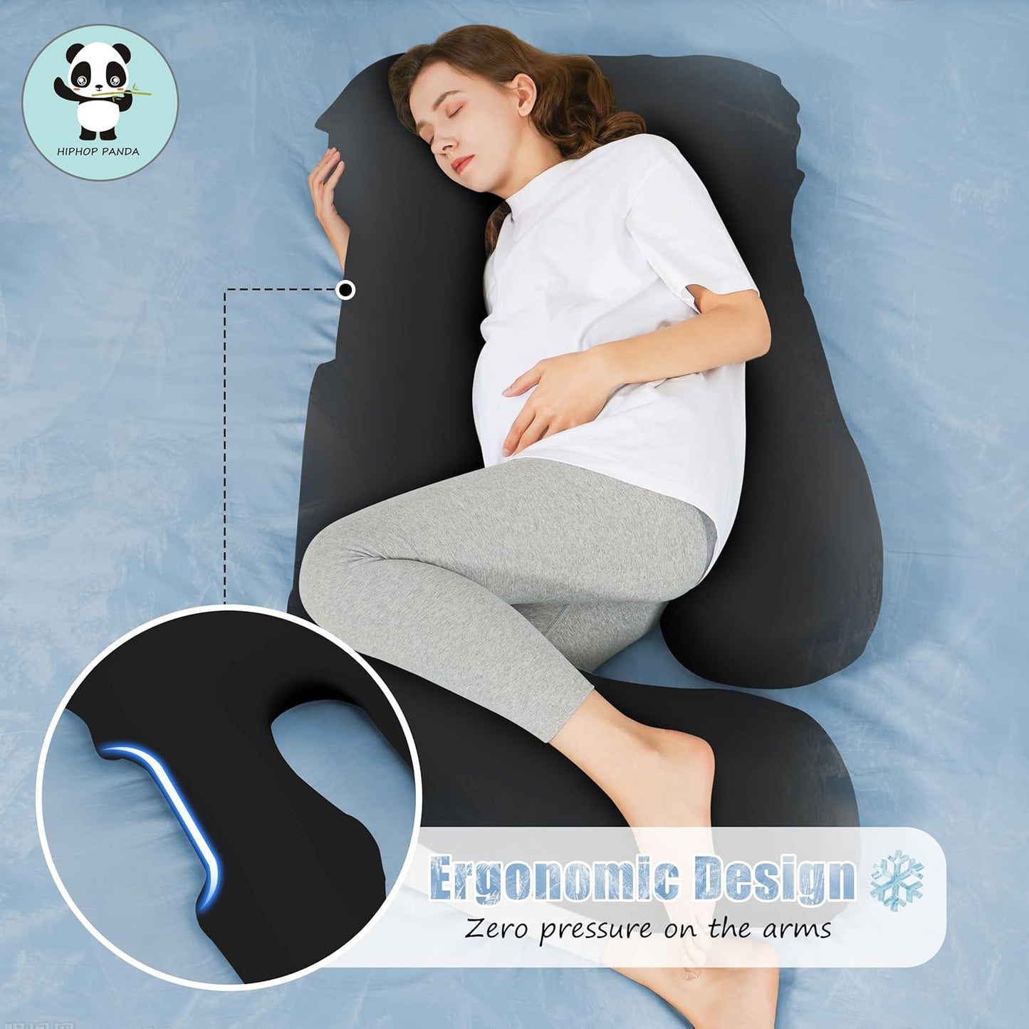HIPHOP PANDA U-Shaped Pregnancy Pillow for Sleeping - Full Body Maternity Support Pillow with Cooling Removable Cover - Comfort for Back, HIPS, Legs, Belly - 57 Inch for Pregnant Women, Black