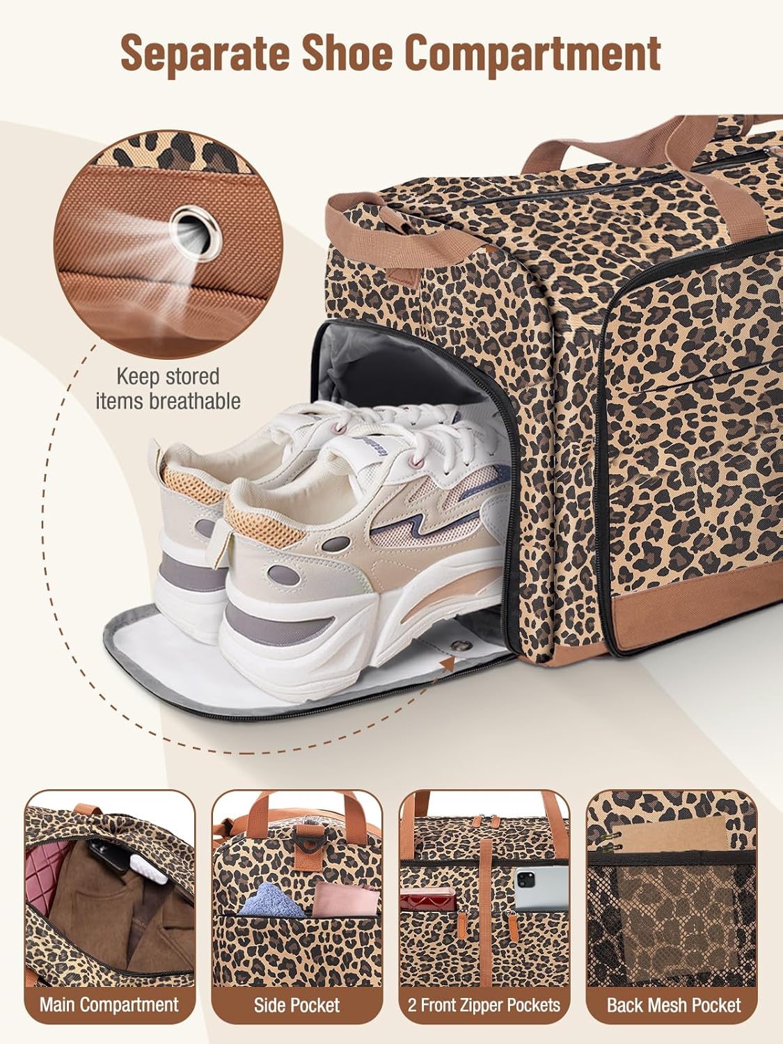 Lekesky Foldable Travel Duffel Bag for Women, 80L Large Duffle Bag with Separate Shoes Compartments & Straps, Carry On Weekend Bag for Women, Hospital, Overnight(Leapord)