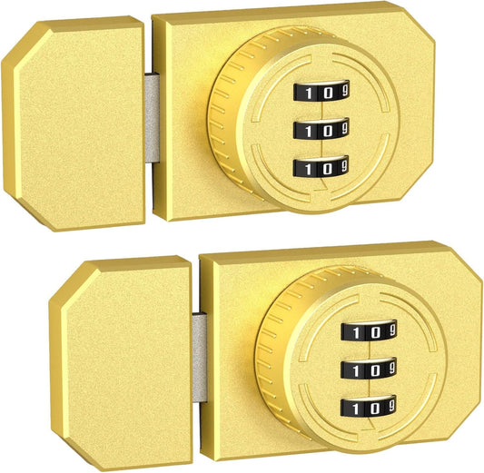Keyless 3-Digit Combination Lock, Mechanical Stick-on Drawer Latch, Security Adhesive Cabinet Lock for Closet & Barn One-Way Doors (2, Gold)