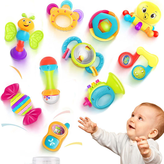 iPlay, iLearn 10pcs Baby Rattles Toys Set, Infant Grab Shake Rattle, Easy Hold Sensory Teether, Babies Development Learning Music Toy, Newborn Shower Birthday Gift 1 2 3 4 5 6 7 9 10 12 Month Boy Girl