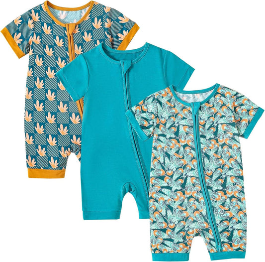 OPAWO Bamboo Baby Pajamas 3 Pack, Double Zipper Bamboo Sleepers for Baby Boy Girl Romper, Toddler Summer Clothes Outfit 0-24M