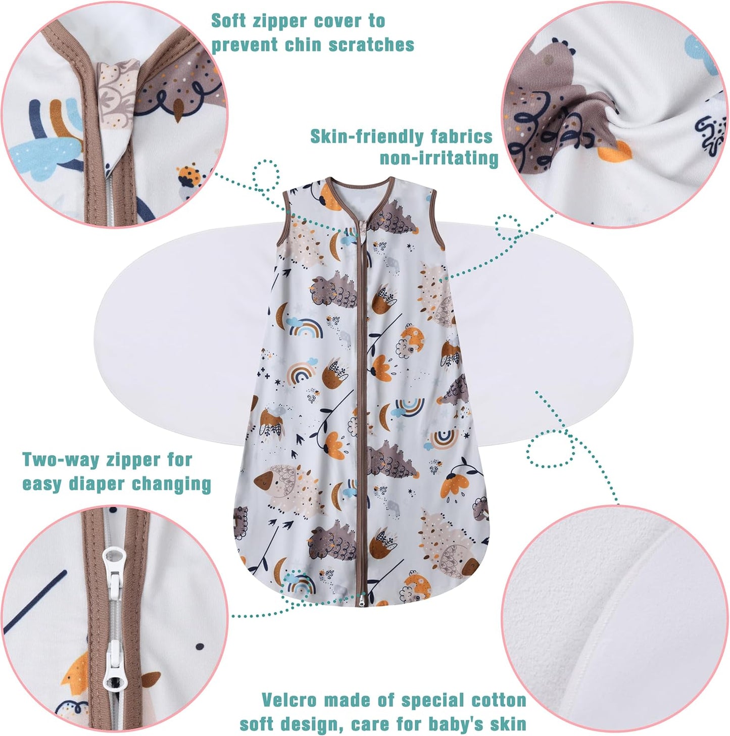 Newborn Sleep Sack Baby Swaddle,3-Way Adjustable Wearable Blanket,100% Rayon Cotton Swaddling Sleeping Bag，TOG 0.5 (Fox & Dinosaurs, 0-3 Months)