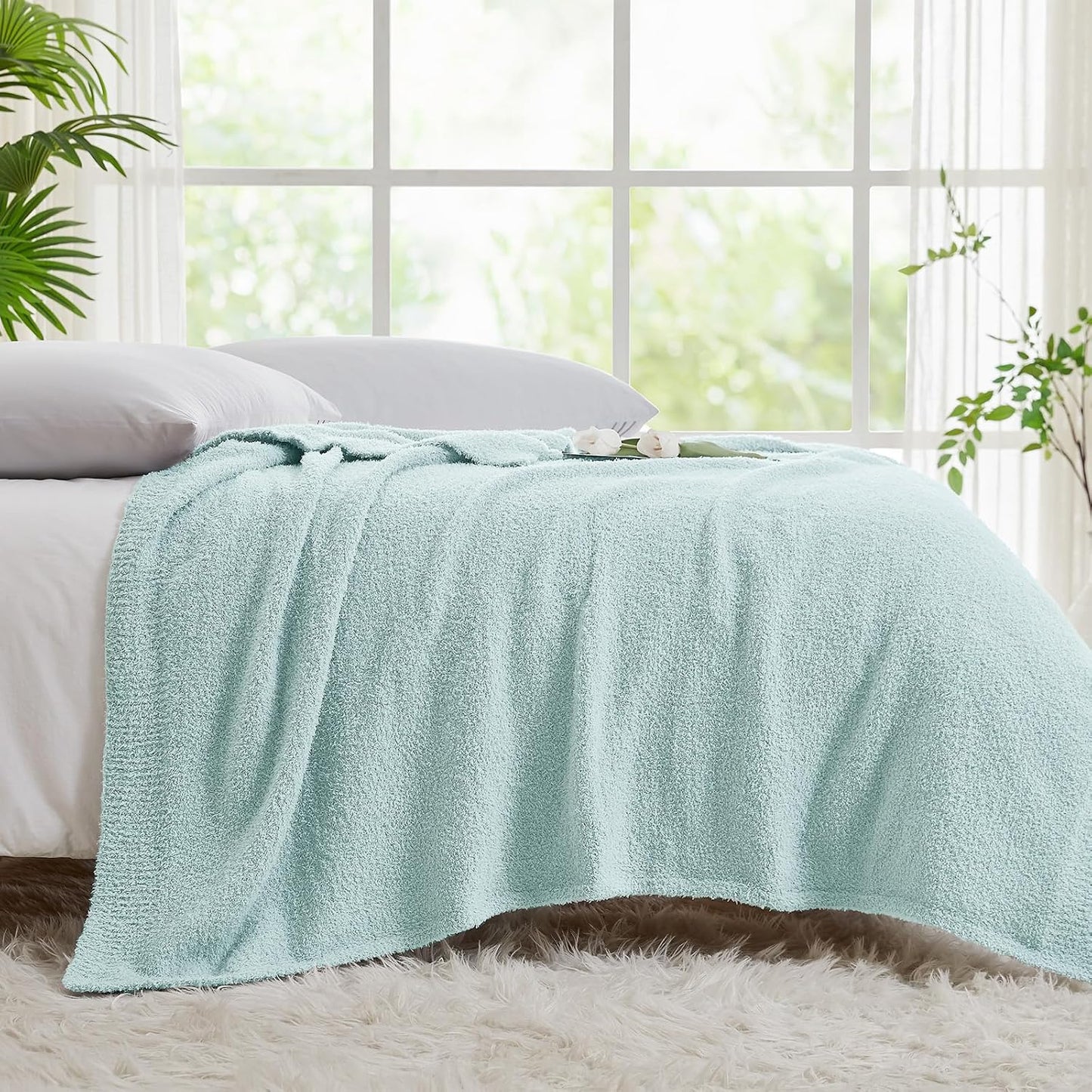 CYMULA Knit Throw Blanket for Couch Sky Blue - Super Soft Lightweight Plush Fuzzy Fluffy Cozy Blankets and Throws for Sofa Bed, 50 x 60 inches