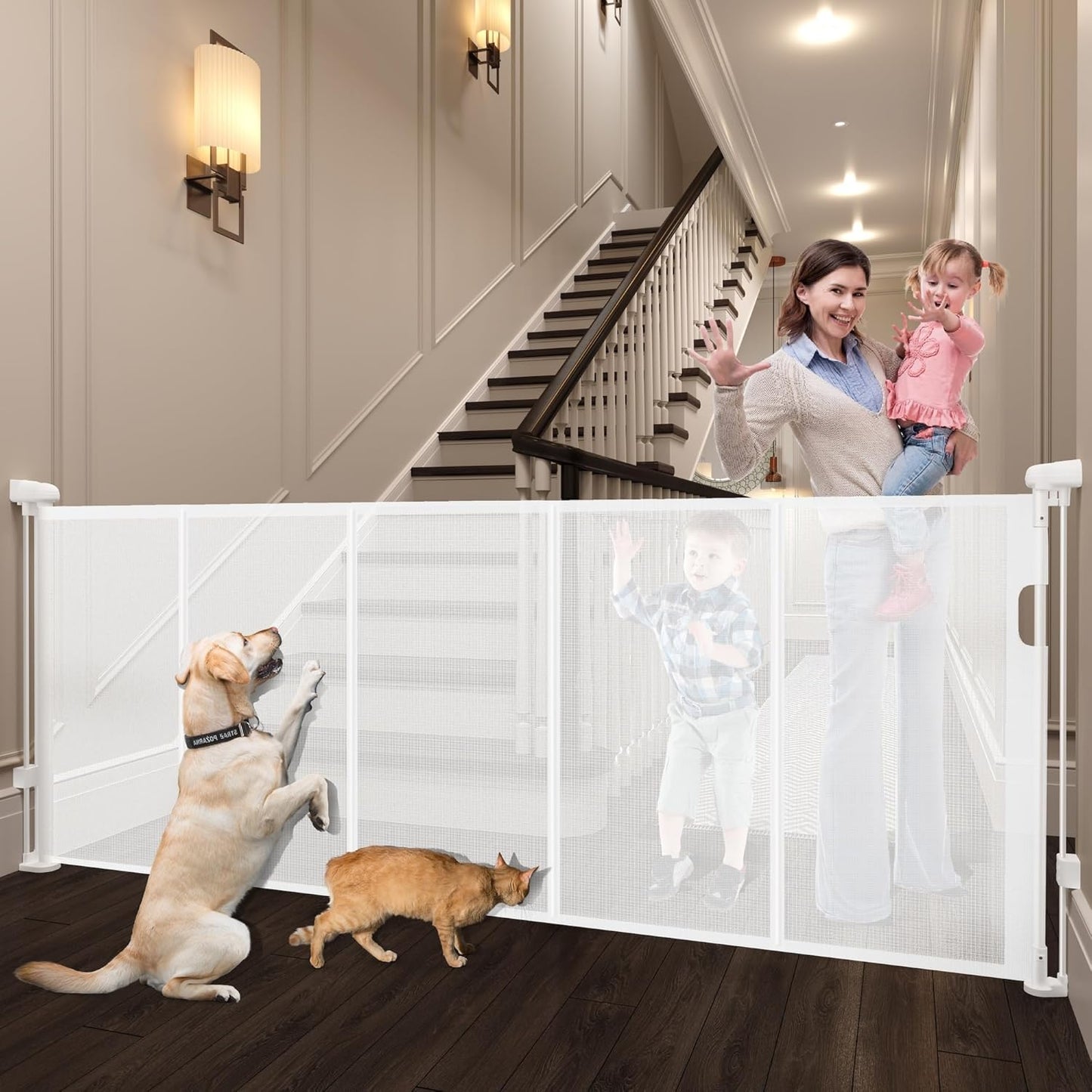 Retractable Baby Gates Dog Gate for Stairs, 100" Wide Retractable Gate Mesh Pet Gate, 41" Extra Tall Child Safety Gate with Fiberglass Rods for Stairways, Doorways, Hallways, Indoor/Outdoor