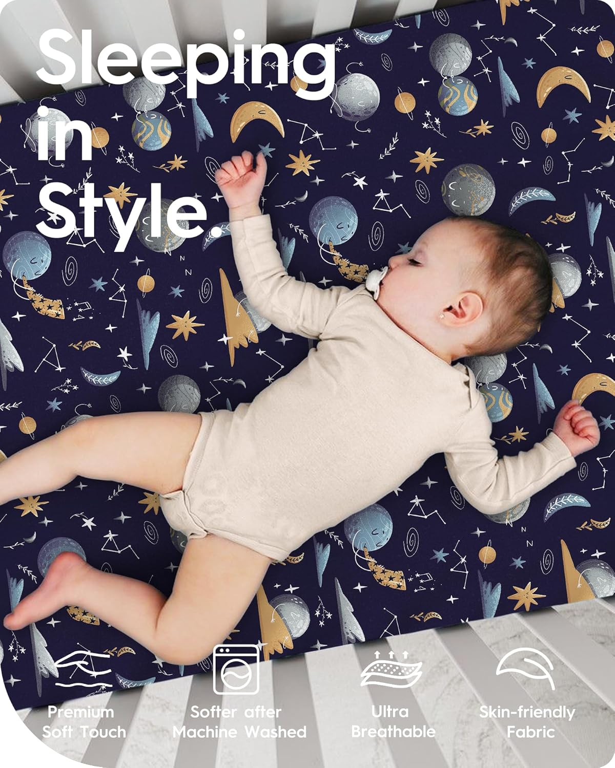 Pack N Play Sheets Fitted, TotBasic Ultra Soft Space Mini Crib Sheets, Premium Jersey Knit Pack and Play Sheets Neutral, Stretchy Play Yard Sheets for Pack and Play Mattress, 2 Pack