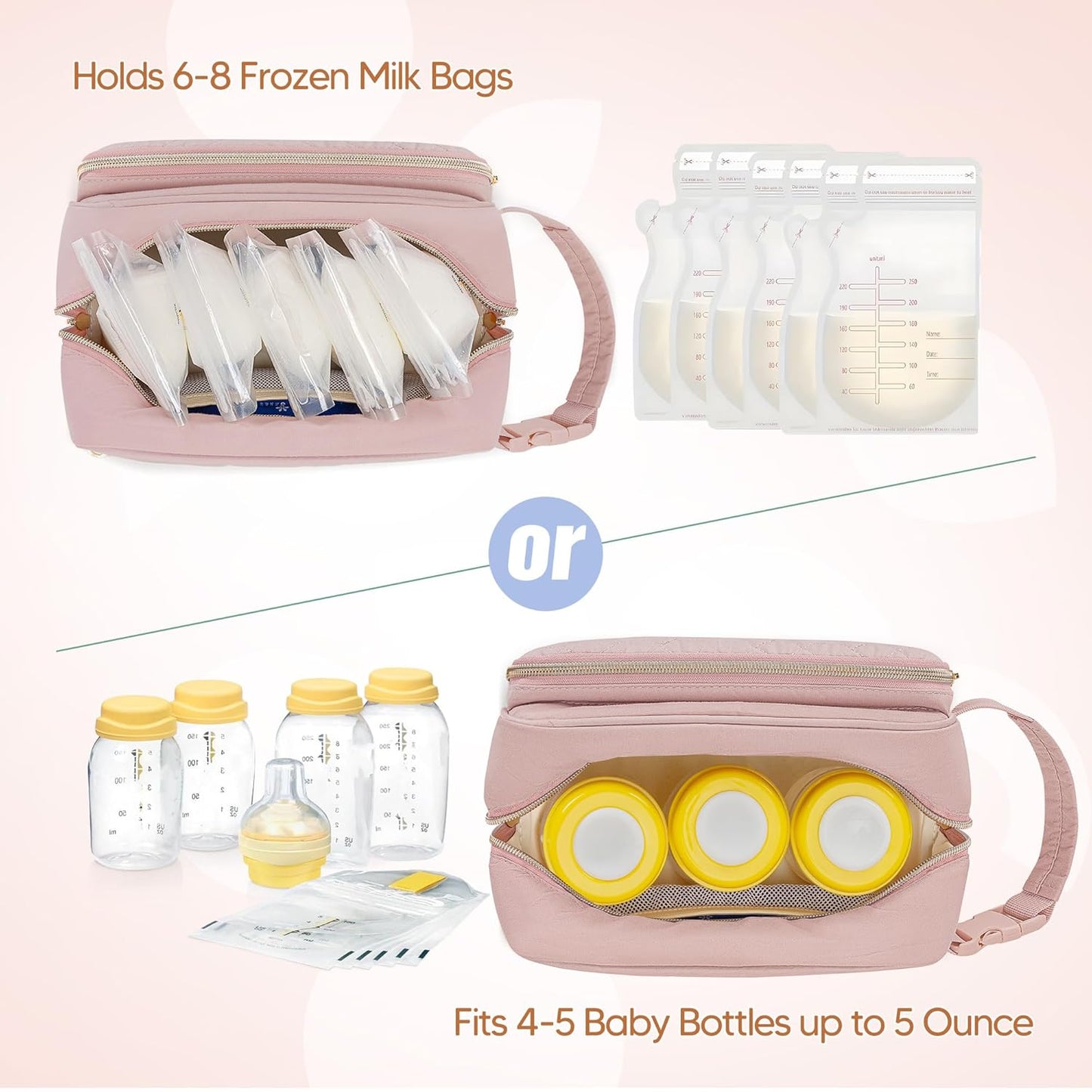 Damero Breastmilk Cooler Bag with 4 Ice Packs, Breast Milk Cooler Travel Bag Fit for Milk Bags or Bottles, with Buckle Handle for Breastfeeding Moms Travel/Daycare, Pink