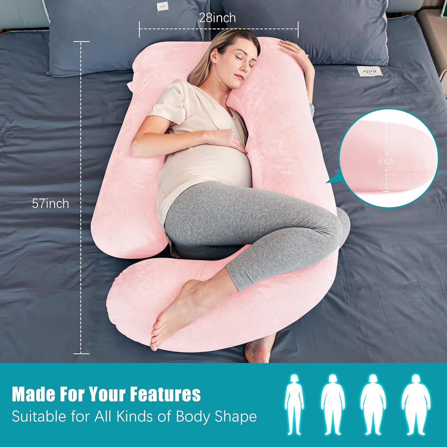 Cute Castle Pregnancy Pillows, Soft U-Shape Maternity Pillow with Removable Cover - Full Body Pillows for Adults Sleeping - Pregnancy Must Haves - Jumbo 57 Inch - Pink