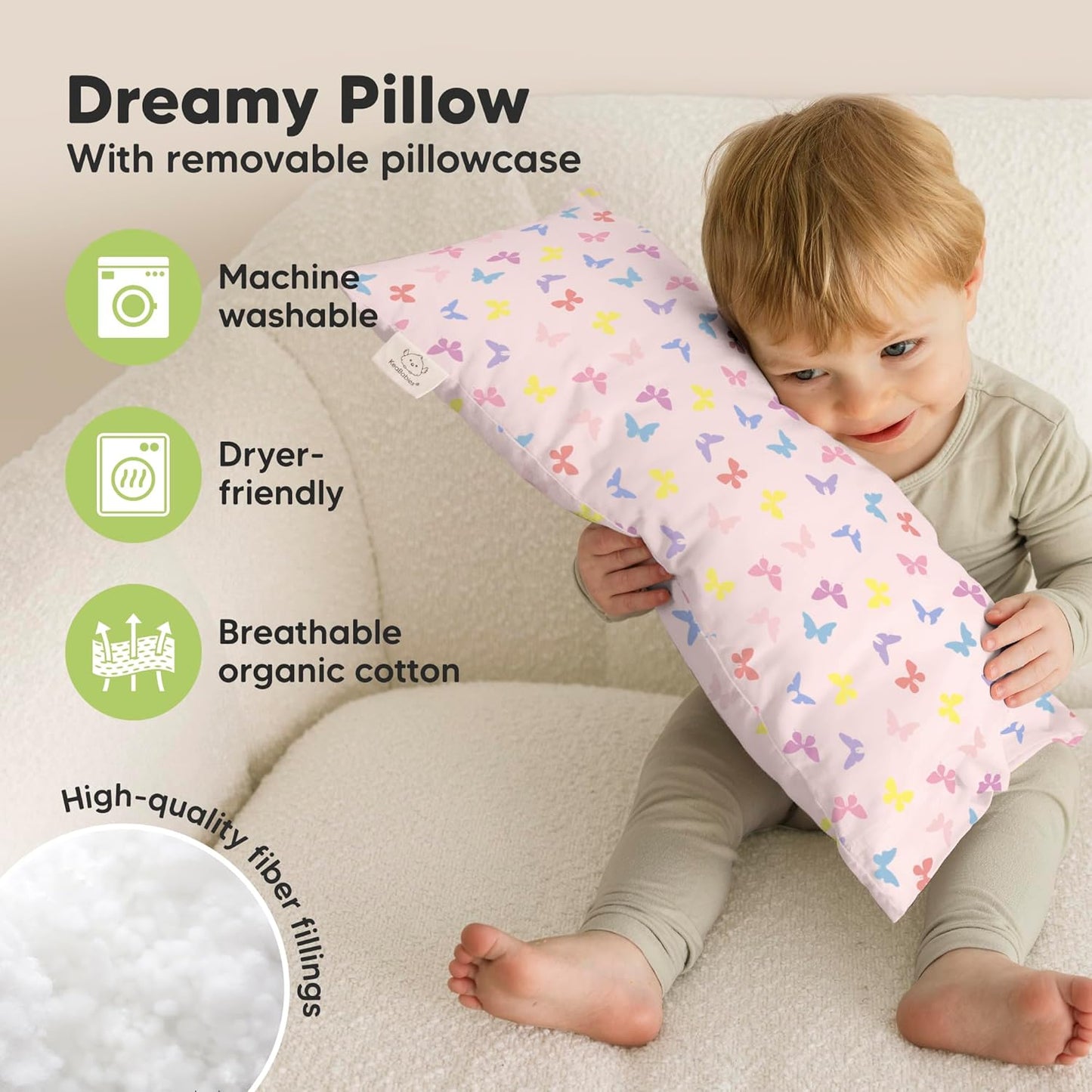 Toddler Pillow with Pillowcase - 10x18 My Little Dreamy Kids Travel Bed Pillows for Sleeping, Organic Cotton Small Pillowcase, Soft & Breathable, Machine Washable, Toddlers 2-5 Years Old (Flutter)