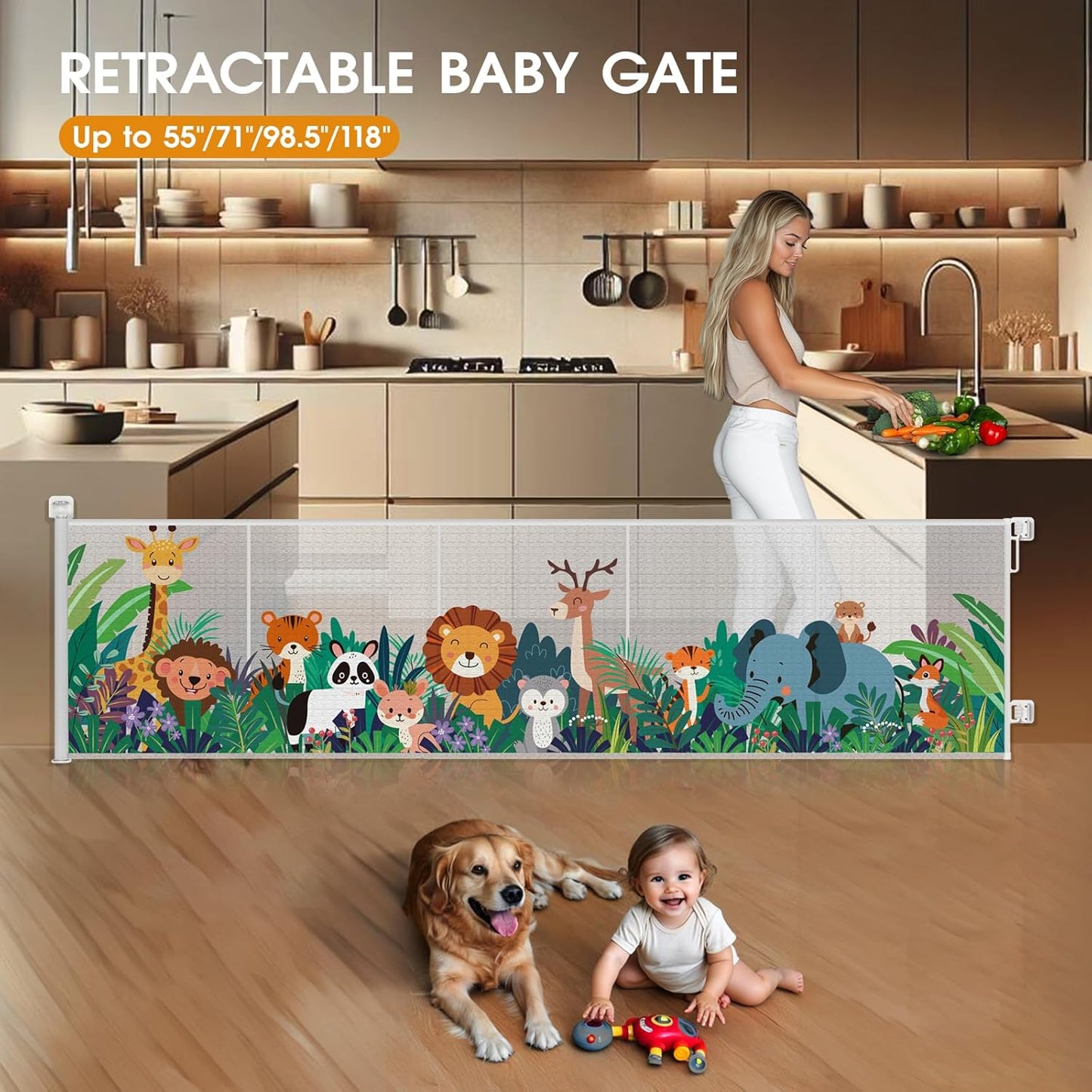 HOMEAL Retractable Baby Gate, Large Opening Retractable Mesh Gates for Baby and Pet, Extra Wide Indoor Outdoor Baby Gate for Stairs, Doorways, Hallways(Zoo,Width Up to 71")